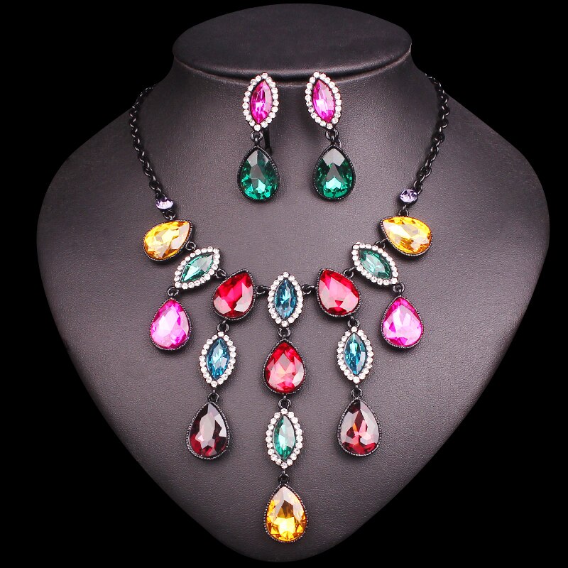 Luxury Multi-Color Crystal Wedding Jewelry Sets Party Costume Accessories Indian Earring Necklace Sets for Brides Womens Gifts 